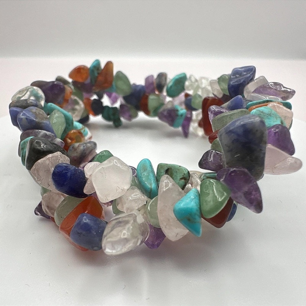Vintage 70s Boho‎ Stacked Chip Bracelet Amethyst Turquoise Rose Quartz Jewelry